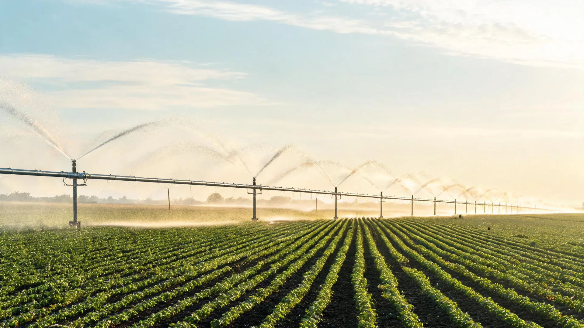 Sprinkler irrigation across a cultivated field